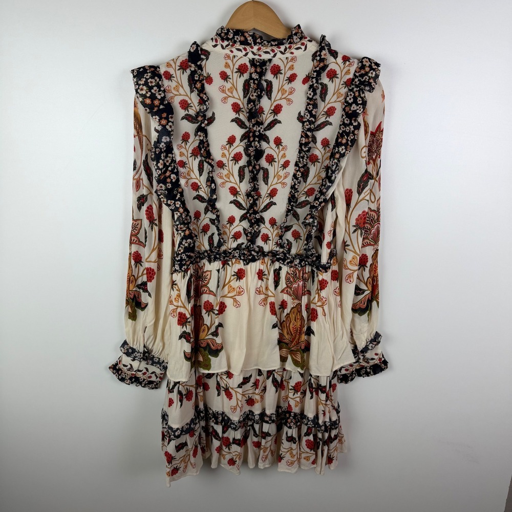 Farm Rio Ruffled Mock Neck Mini Dress Small Berry Garden Botanical Floral Tiered - Picture 7 of 16